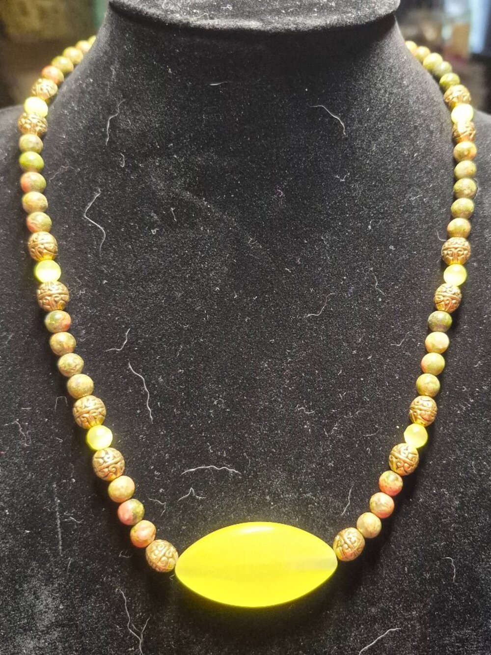 Handmade Yellow Tiger’s Eye Focal Necklace w/ Unakite & Bronze